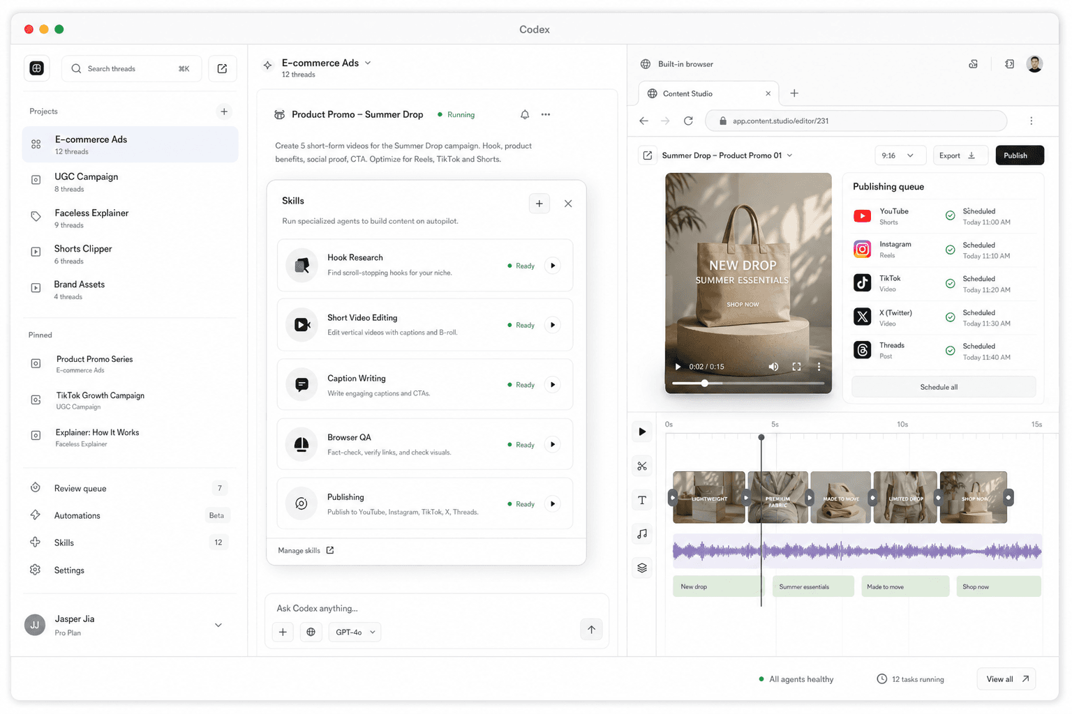 Mock Codex app workspace with a Skills overlay, built-in browser, video editor, and publishing dashboard